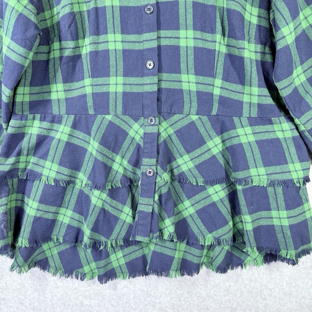 Joan Rivers Flannel Peplum Shirt Sz 12 Green Blue Cotton Plaid Button Down - Picture 7 of 13